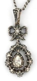 Diamant hanger met ketting strikmotief Holland ca 1960, Ophalen, Zilver, Hanger, Met edelsteen
