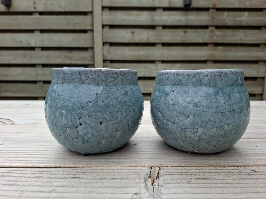 2 blauw-grijze bloempotten voor binnen, Tuin en Terras, Ophalen, Rond, Binnen, Aardewerk