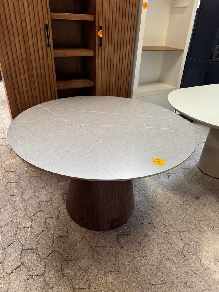 Eettafel rond 120 cm marmer blad met acaciahout poot b keus, Ophalen, Japandi, Overige materialen, Rond