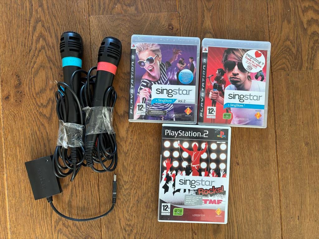 Singstar microfoons + 3 spellen (PS2 en PS3), Ophalen, Muziek, Gebruikt, 2 spelers