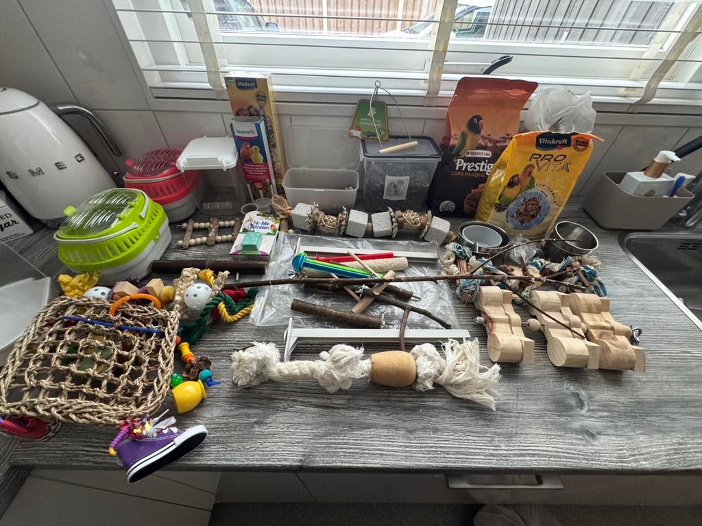 Vogelkooi, speeltjes en voer super compleet zie foto’s, Meerdere dieren, Dwergpapegaai of Agapornis