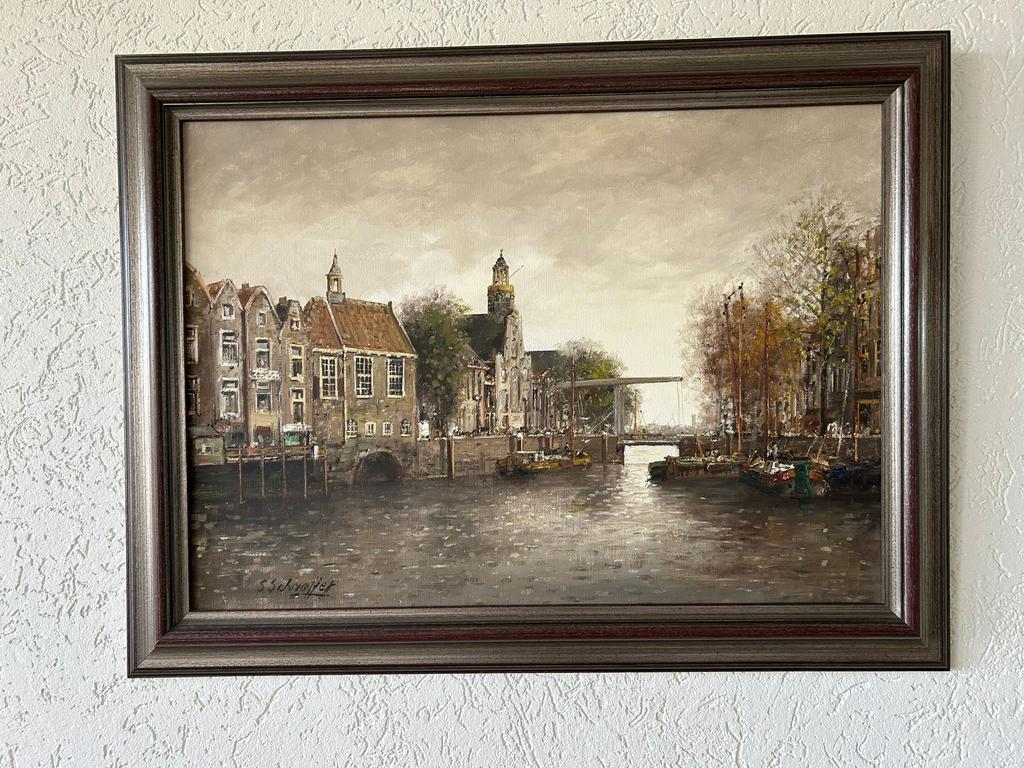 Schilderij     Siem Schaeffer – stadsgezicht – olieverf, Antiek en Kunst, Ophalen