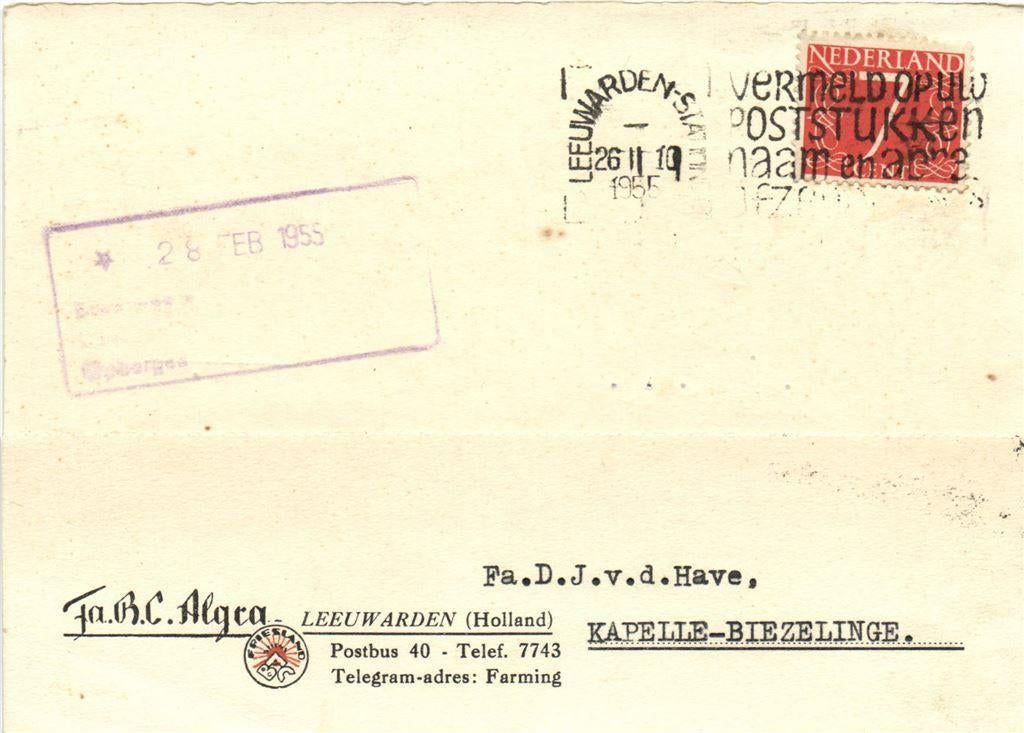 Fa. R.C. Algra, Leeuwarden - 02.1955 - briefkaart, Ophalen of Verzenden, Briefkaart