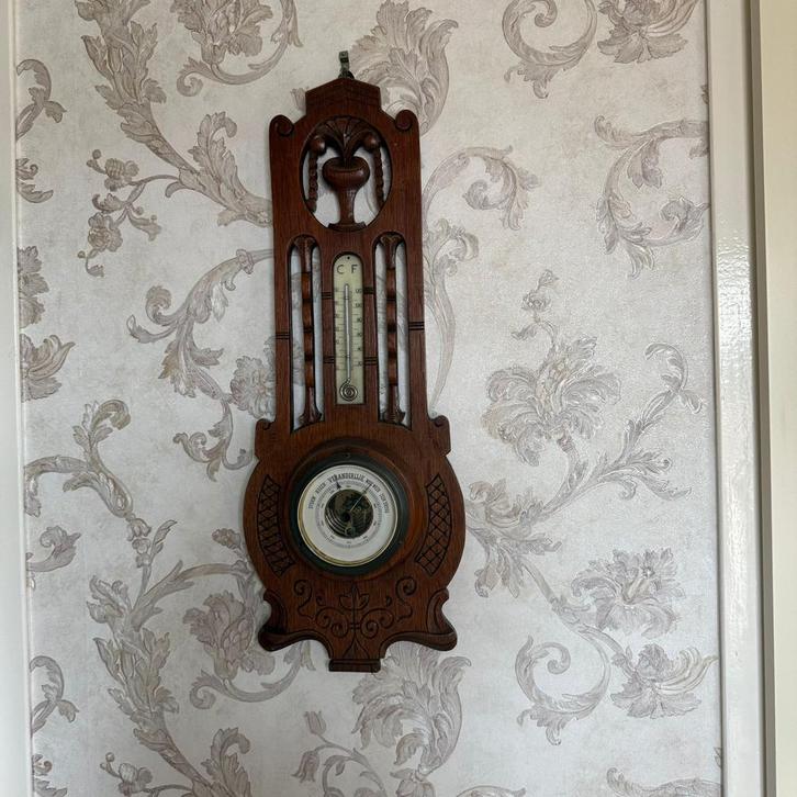 Antiek Weerstation met Houtsnijwerk - Barometer & Thermomete, Audio, Tv en Foto, Weerstations en Barometers, Gebruikt, Weerstation