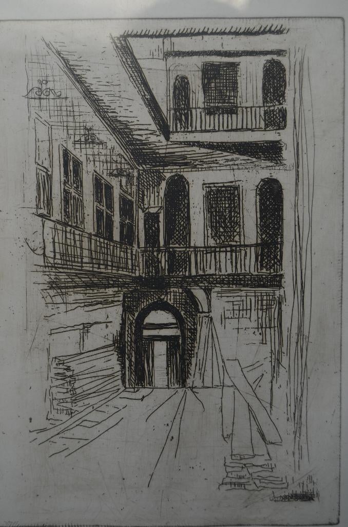Ets Schottenhof (Brugge - Dudzele - Damse steenweg??), Antiek en Kunst, Kunst | Etsen en Gravures, Ingelijst, Architectuur, Ophalen of Verzenden