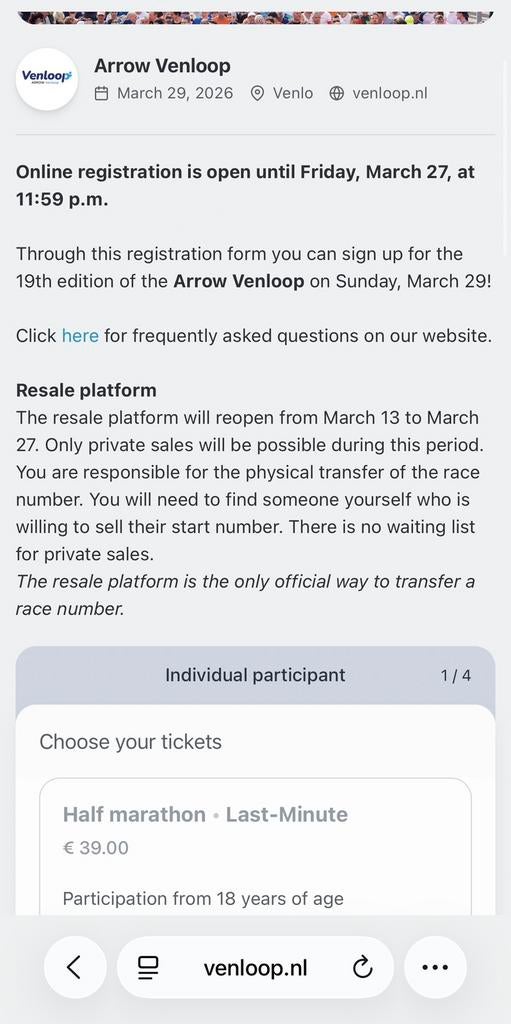 Venloop halve marathon, Eén persoon, Overige soorten