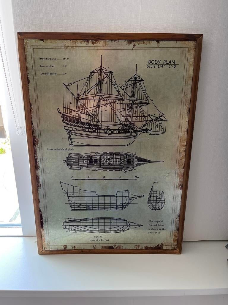 Gravure met scheepsbouwtekening, Gebruikt, 50 tot 75 cm, Ophalen of Verzenden, Schilderij
