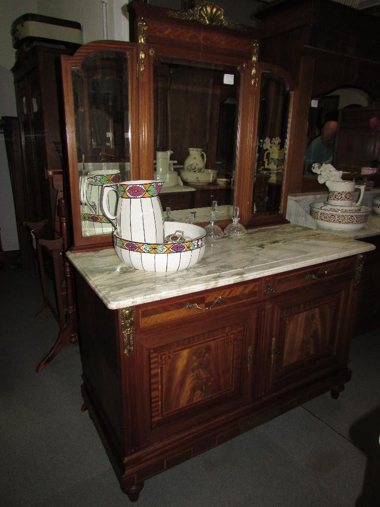 antieke mahonie commode kaptafel marmer blad spiegel 325,00, Ophalen, 100 tot 150 cm, Antiek klassiek  mahonie inleghout werk wit marmer