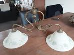 Antieke bronzen hanglamp met twee glazen kappen, Huis en Inrichting, Gebruikt, Klassiek, Antiek, Ophalen of Verzenden, Glas