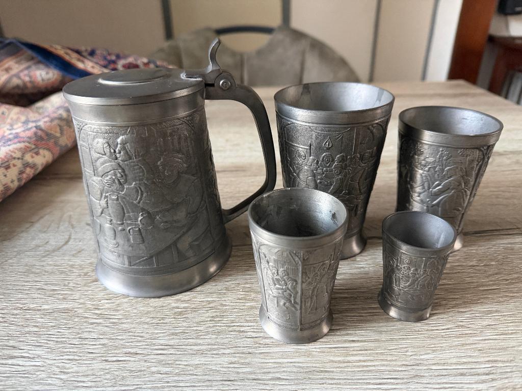 Tinnen Bierkan met 4 Tinnen Bekers., Ophalen of Verzenden