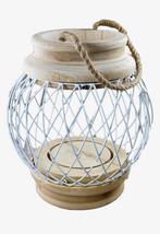 Groot Houten windlicht met wit metalen frame, Gebruikt, Ophalen of Verzenden, Kandelaar, Hout