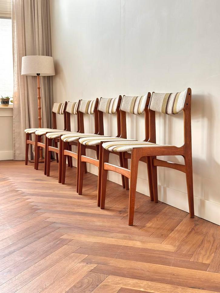 6 vintage stoelen Erik Buch Deens design jaren 50/60, Huis en Inrichting, Stoelen, Gebruikt, Vijf, Zes of meer stoelen, Hout, Stof