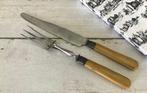 Antieke Franse vleesvork en mes met benen heft in doos, Ophalen of Verzenden