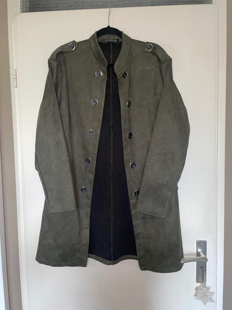 leger groen suedine trench mantel jas blazer mt L, Made in Italy, Maat 42/44 (L), Ophalen of Verzenden, Zo goed als nieuw