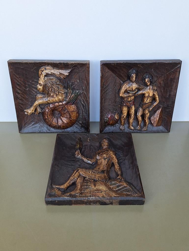 vintage houten paneel houtsnijwerk steenbok tweelingen maagd, Antiek en Kunst, Ophalen of Verzenden