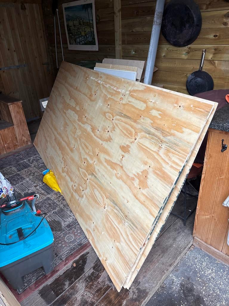 Gratis platen 122,5 x 244,5 cm (3 stuks), Doe-het-zelf en Verbouw, Platen en Panelen, Ophalen of Verzenden, Gebruikt, Hout, Minder dan 20 mm