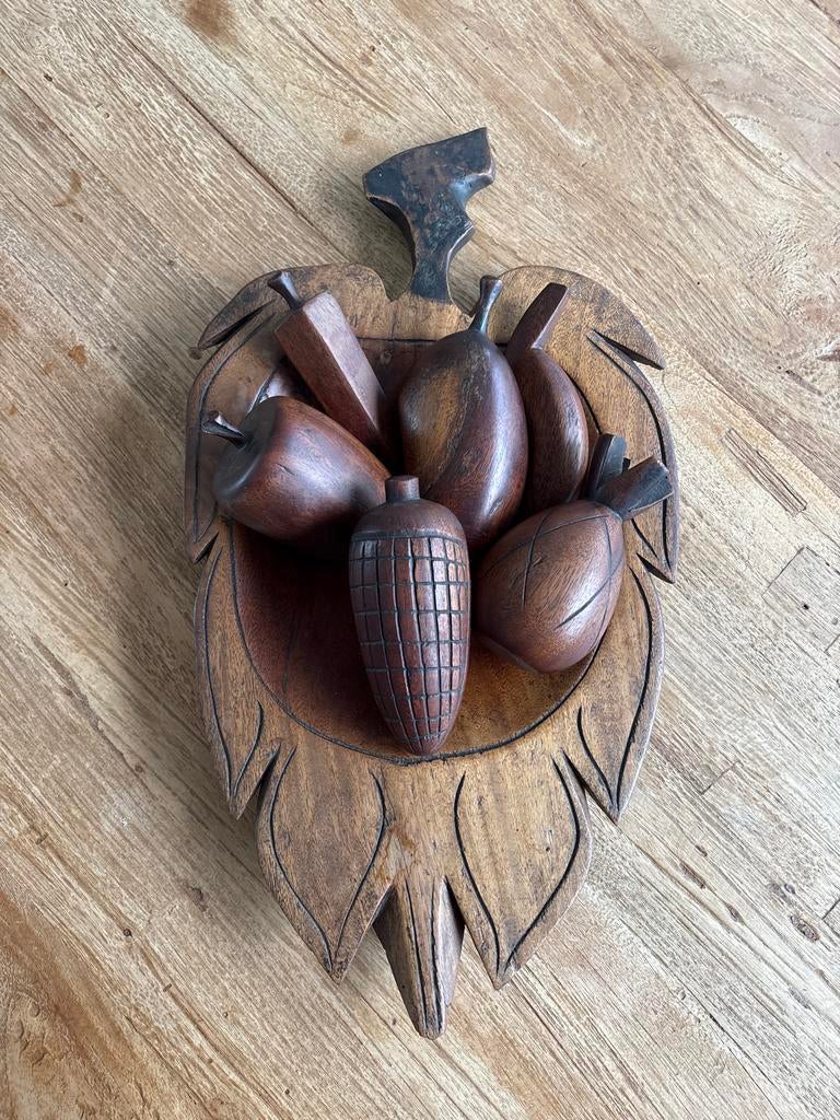 Afrikaans houtsnijwerk 'fruitschaal' uit de jaren '80, Antiek en Kunst, Houtsnijwerk, Ophalen of Verzenden, Handgemaakt, 20 - 50 cm