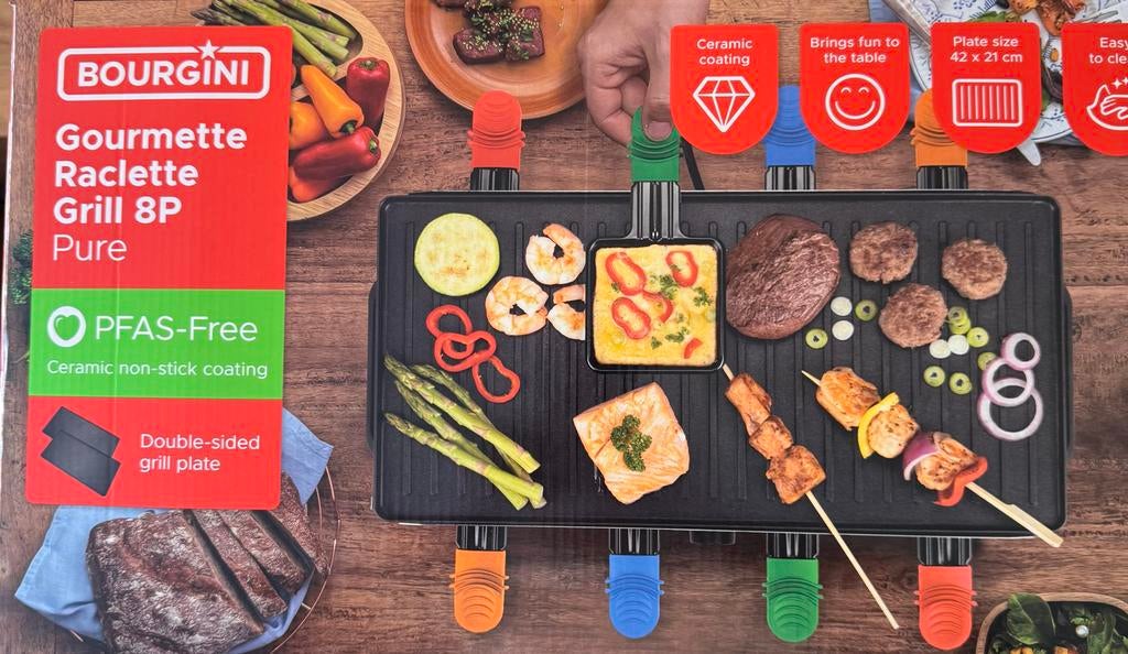 BOURGINI Gourmette Raclette Grill 8P Pure PFAS-vrij, Witgoed en Apparatuur, Grillplaten, Ophalen, Nieuw, Tafelgrill