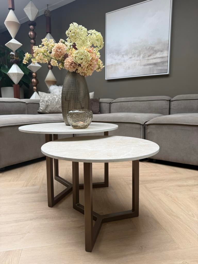 Salontafel set keramiek en brons - Eric Kuster / Japandi sti, Huis en Inrichting, Tafels | Salontafels, Ophalen, Rond, 50 tot 100 cm