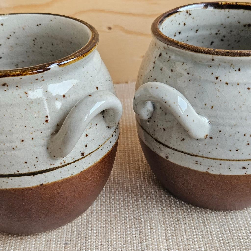 Set van 2 seventies stoneware potten bruin gespikkeld, Overige materialen, Pot, Bus of Blik, Ophalen of Verzenden, Zo goed als nieuw