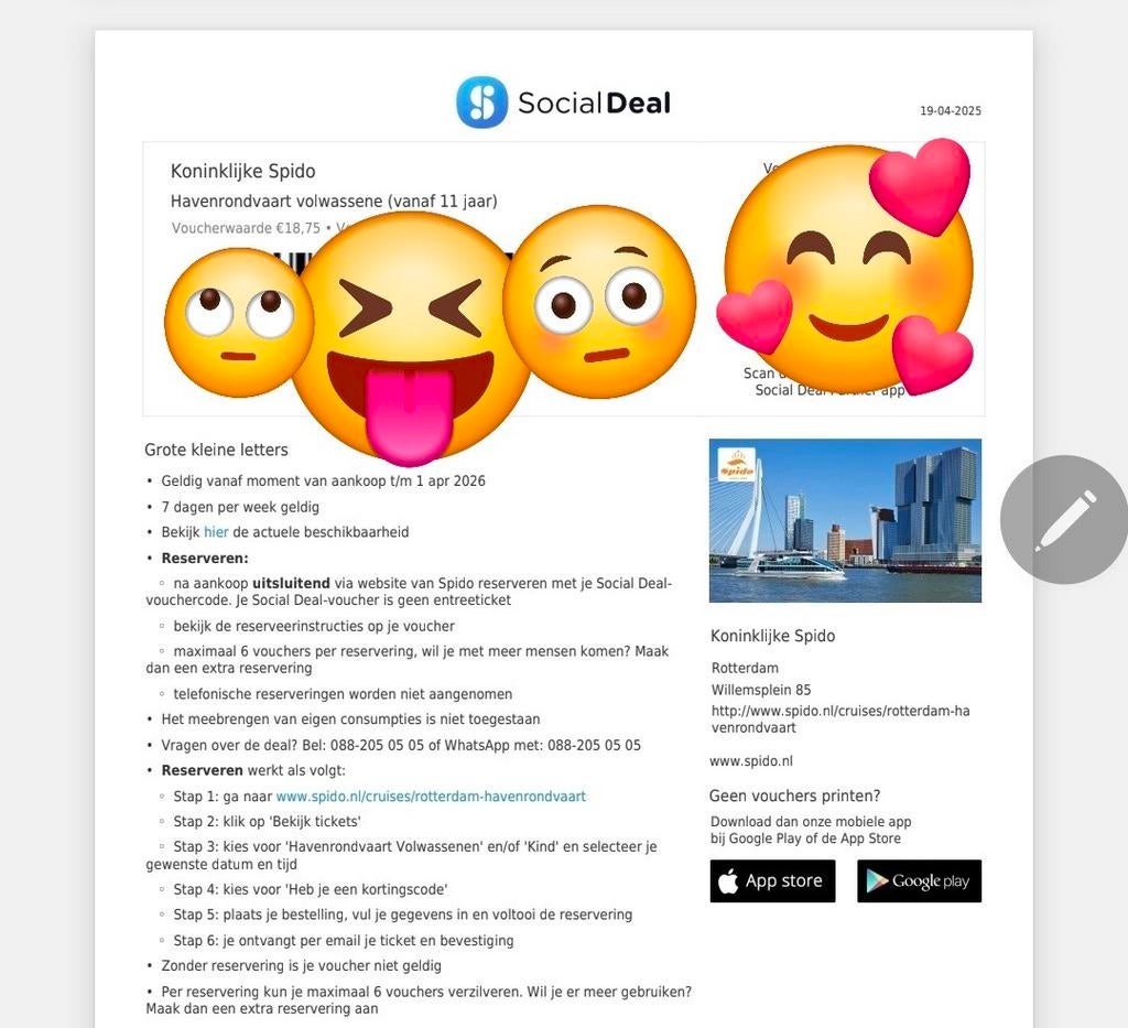 Gratis Spido Rotterdam 2kinder 1volw kaartje, Tickets en Kaartjes, Eén persoon, Ticket of Toegangskaart