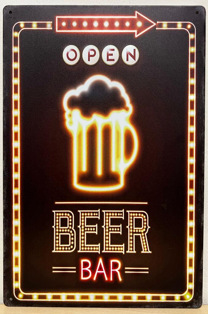 Open beer bar neon look bier reclamebord van metaal wandbord