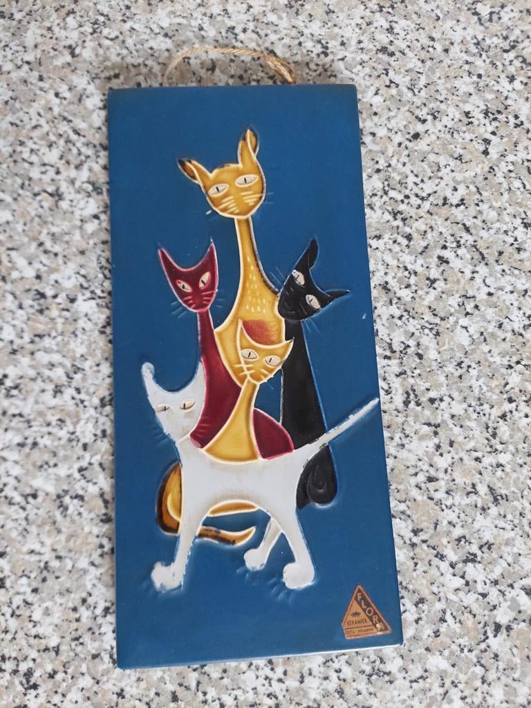 Vintage jaren 60 70 keramiek Flora Holland wand art kat poes, Ophalen of Verzenden