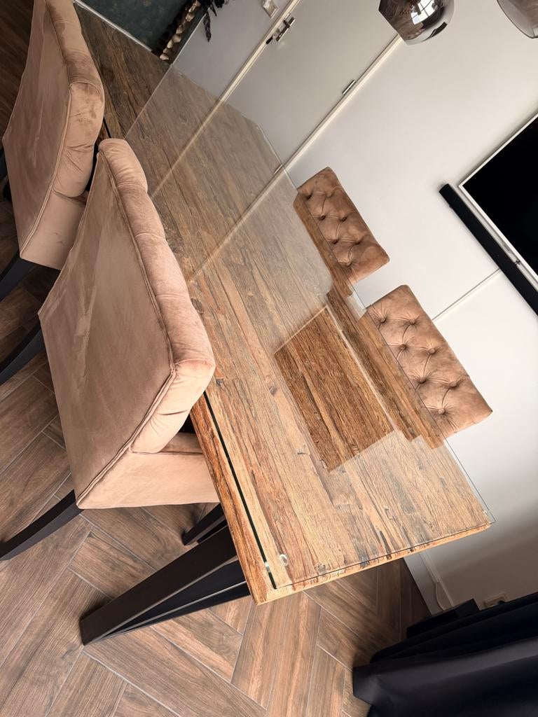 Sleeperwood eettafel met 4 stoelen en salontafel, Ophalen, Gebruikt, 100 tot 150 cm, 150 tot 200 cm