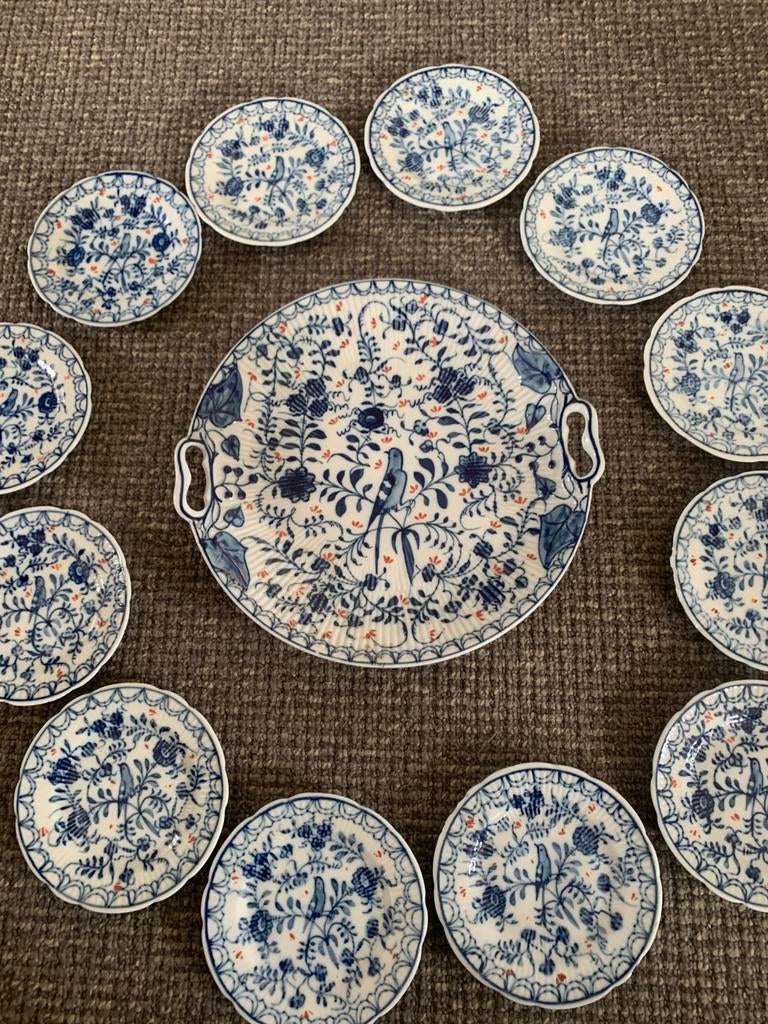 Antiek porseleinen gebaksset (vogeltje), Antiek en Kunst, Antiek | Porselein, Verzenden