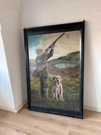 Vintage Schilderij Jacht Tafereel met Jager en Hond, Ophalen of Verzenden