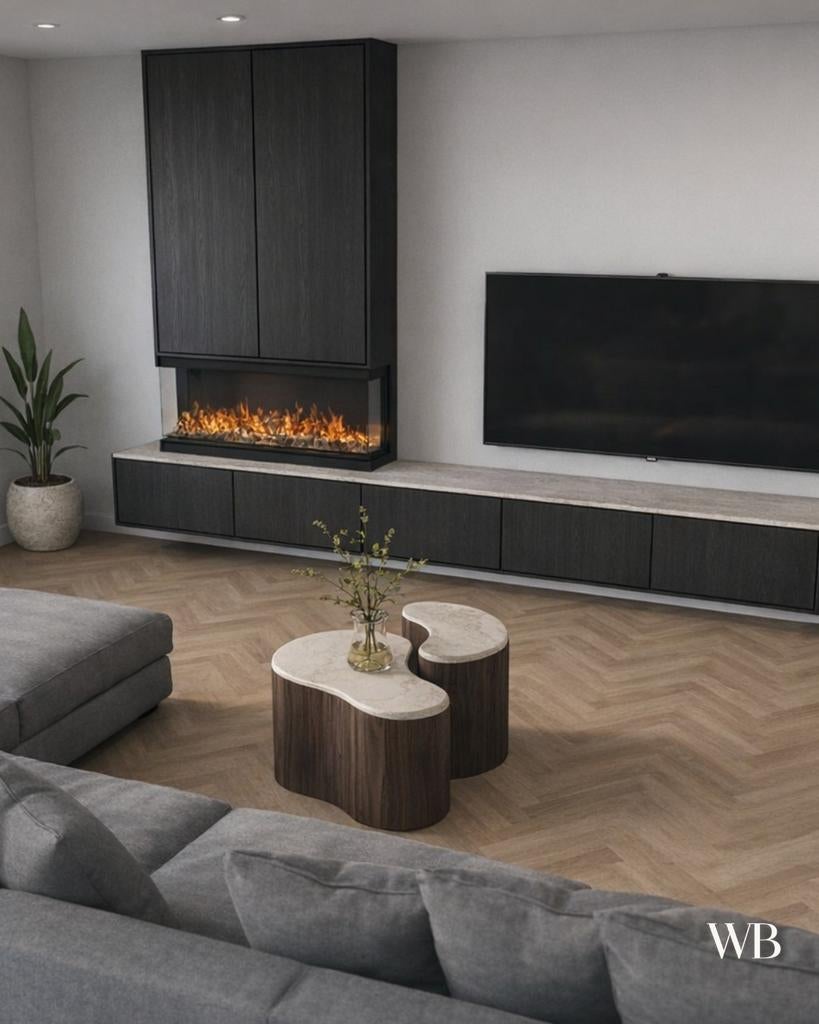 Modern TV meubel op maat met ronde hoek | haard mogelijk, Huis en Inrichting, Kasten | Televisiemeubels, 200 cm of meer, Nieuw