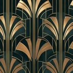 Art Deco behang - Donkergroen Waaierpatroon, Goud, Huis en Inrichting, Stoffering | Behang, Verzenden, Minder dan 10 m², Groen