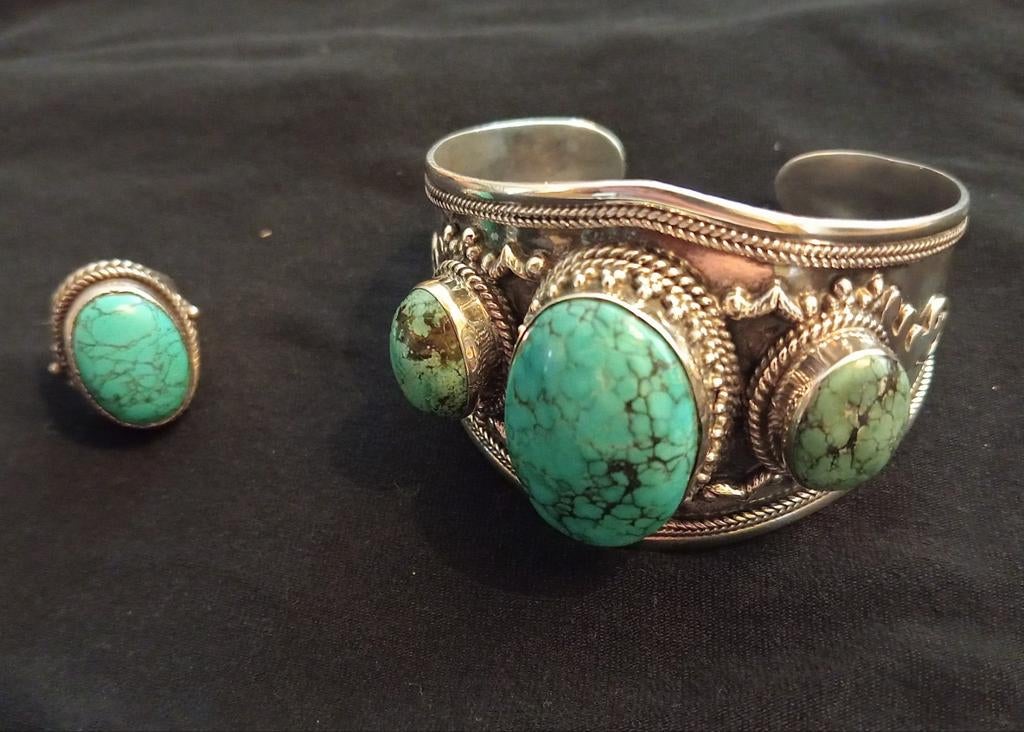 OOAK, zilveren armband&ring Ibiza,met natuurlijk ! turqois, Gebruikt, Ophalen of Verzenden, 17 tot 18, Met edelsteen