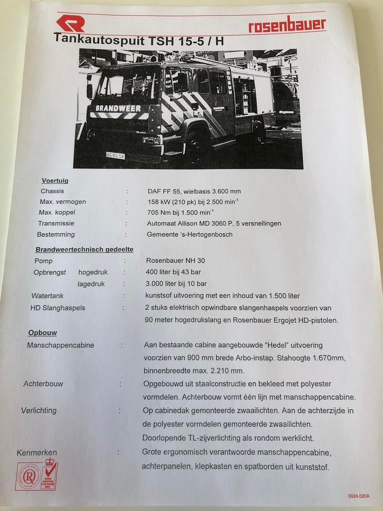 Folder specificatie DAF 55 brandweerwagen, Ophalen of Verzenden