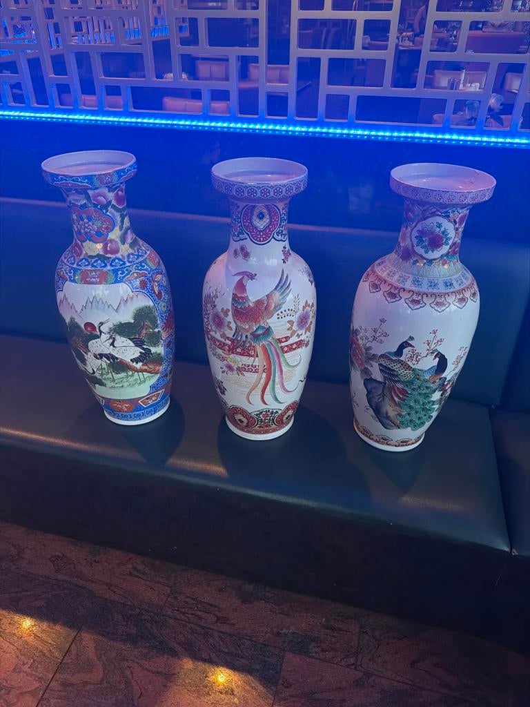 Set van 3 Vintage Chinese Vazen met Vogelmotieven 60 cm, Antiek en Kunst, Antiek | Vazen, Verzenden