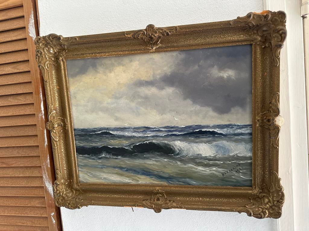 Schilderij woeste zee met golven en vogels, Ophalen