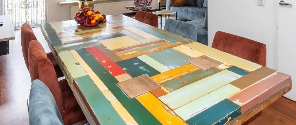 Eettafel gemaakt van oude deuren, tafel met een verhaal, Huis en Inrichting, Tafels | Eettafels, Ophalen, Gebruikt, 200 cm of meer