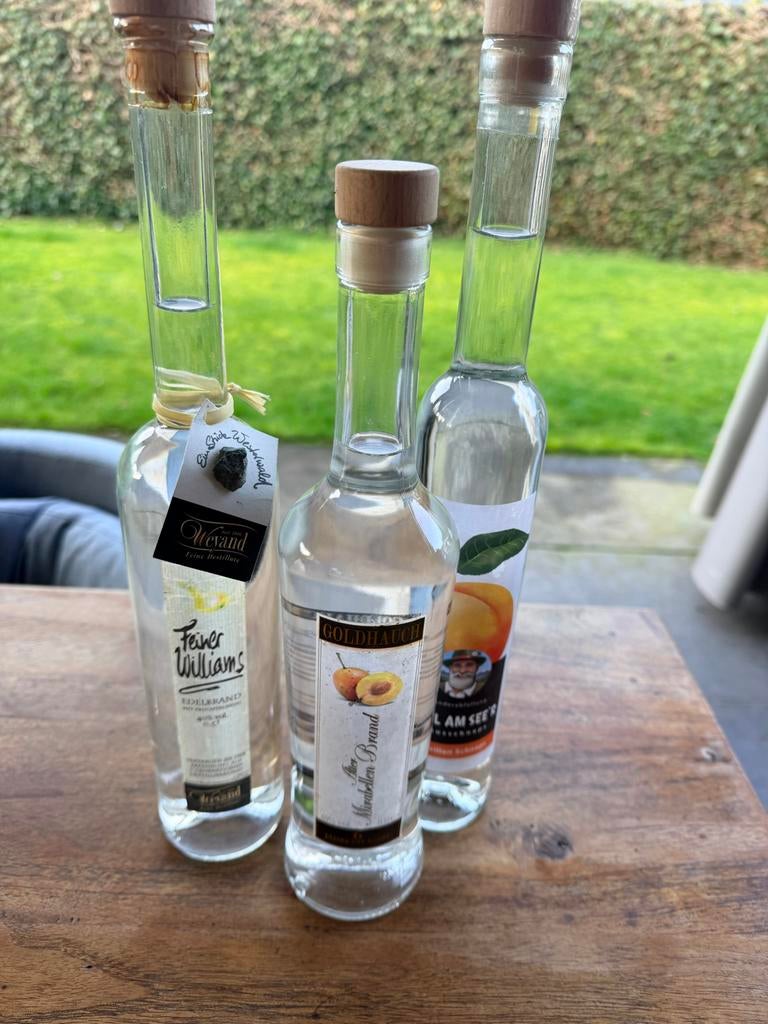 Drie flessen schnapps en edelbrand, Verzamelen, Wijnen, Gebruikt, Overige gebieden, Overige typen, Ophalen of Verzenden