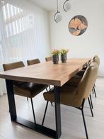 Eetset: 6 Enzo Lucca stoelen & eiken tafel 220x100cm, Eikenhout, 200 cm of meer, Zo goed als nieuw, Vijf personen of meer