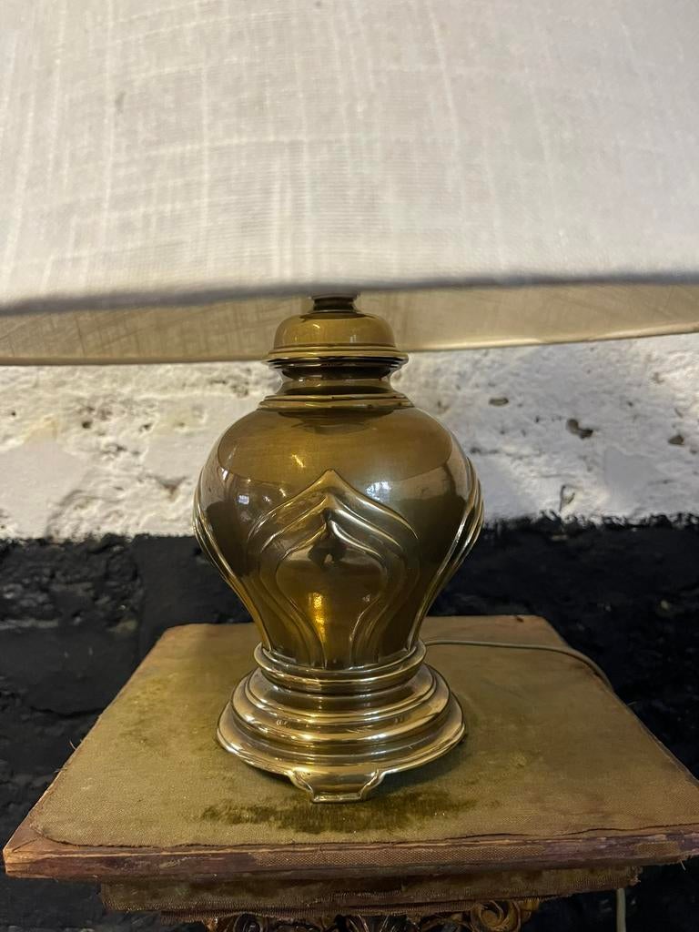 Vintage messing lamp linnen kap art nouveau uniek, Huis en Inrichting, Lampen | Tafellampen, Overige materialen, Gebruikt, Ophalen of Verzenden