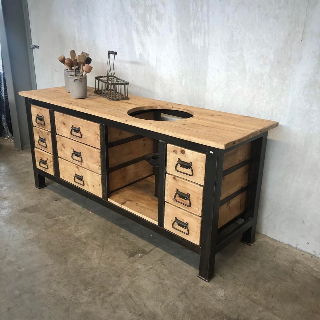 Buitenkeuken, big green egg, keuken, vintage werkbank, Ophalen