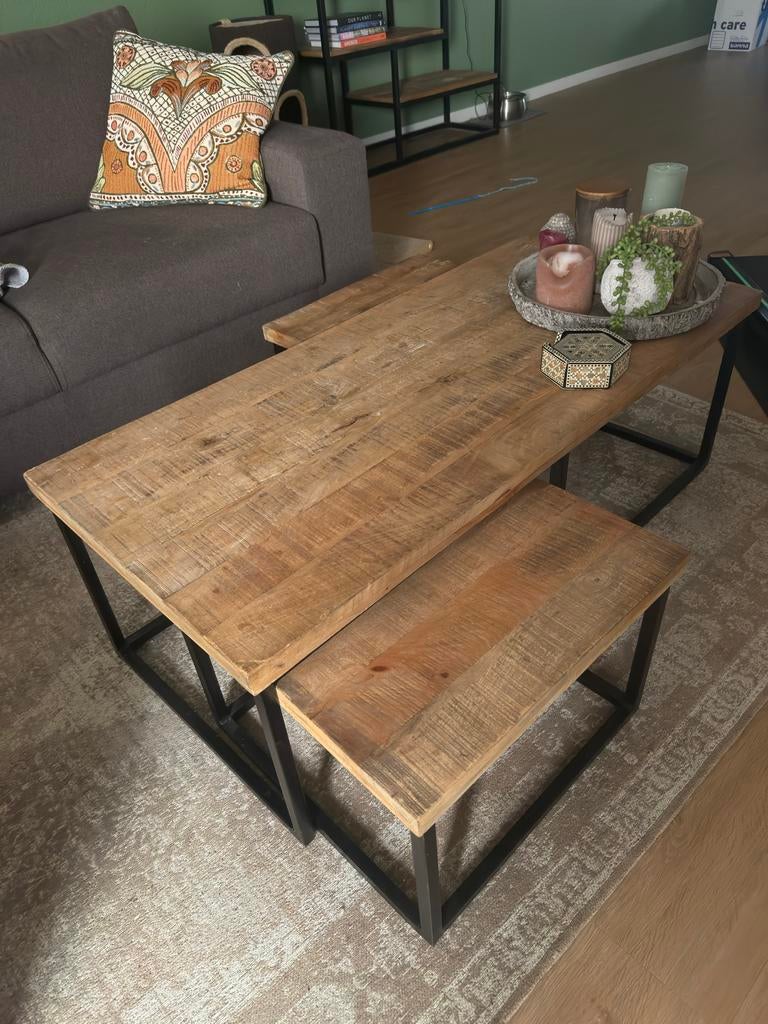 Salontafel mangohout met 2 bijzettafels, Huis en Inrichting, Tafels | Salontafels, Ophalen, Gebruikt, 100 tot 150 cm, 50 tot 100 cm
