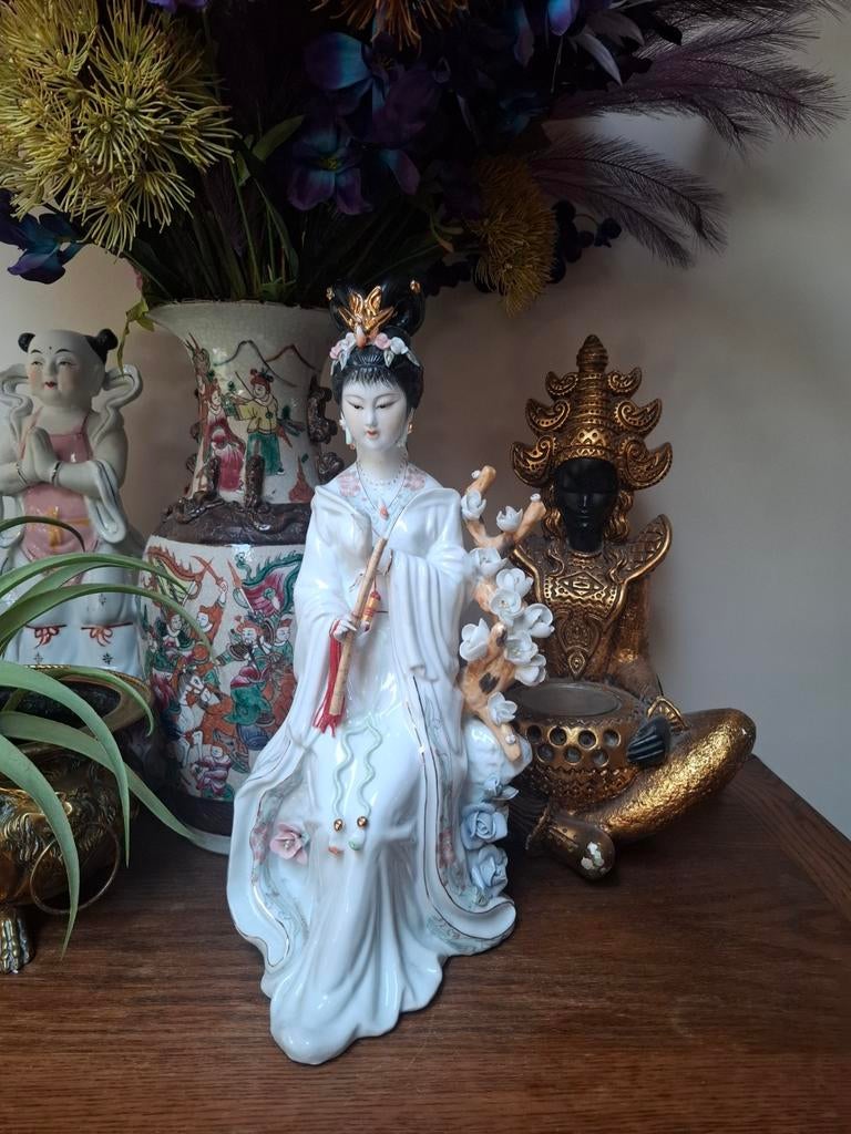 Prachtig groot vintage chinees porselein beeld geisha, Antiek en Kunst, Ophalen