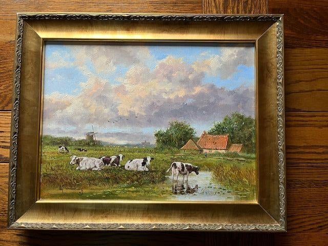 LANDSCHAP MET KOEIEN., Antiek en Kunst, Verzenden