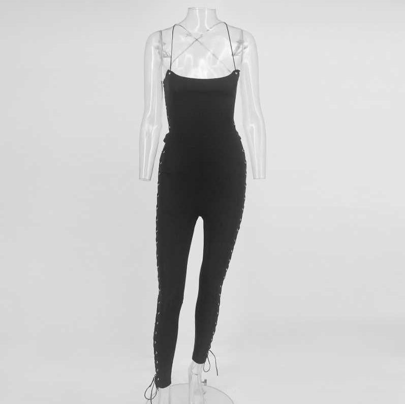 Zwarte veter jumpsuit romper strakke zomer dames vrouwen, Verzenden, Nieuw, Maat 46/48 (XL) of groter, Zwart