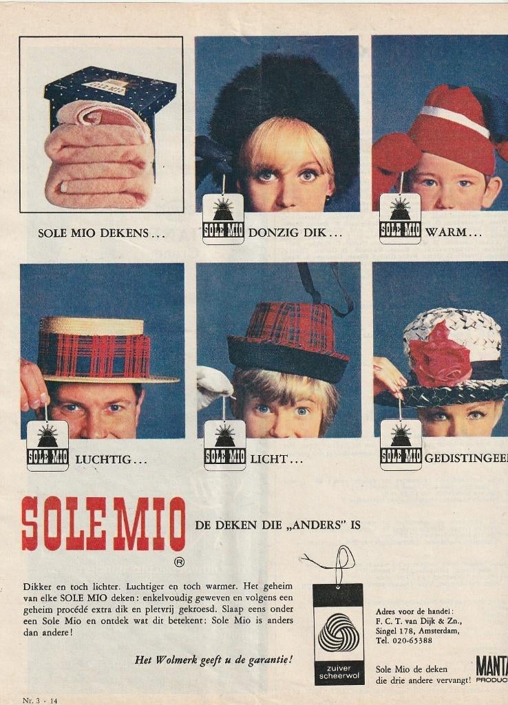 Retro reclame 1964 Sole Mio wollen dekens Amsterdam, Verzenden, Overige typen