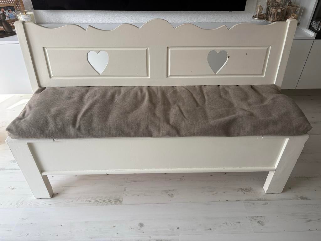 Houten klepbank, 4 hoezen en een lange bijpassende zitkussen, Huis en Inrichting, Ophalen, Gebruikt, Minder dan 75 cm, 150 tot 200 cm