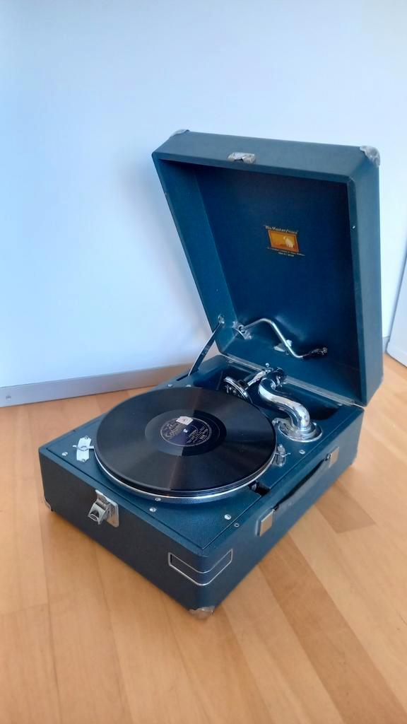 Blauwe "His Master's Voice" Koffergrammofoon, Audio, Tv en Foto, Platenspelers, Gebruikt, Platenspeler, Overige merken, Ophalen