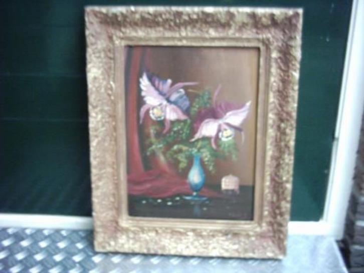 te koop antiek schilderij aparte bloemen in vaas, Antiek en Kunst, Kunst | Schilderijen | Klassiek, Ophalen of Verzenden