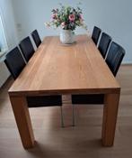 Massief eiken eetkamertafel incl. 6 leren eetkamerstoelen, Ophalen, Gebruikt